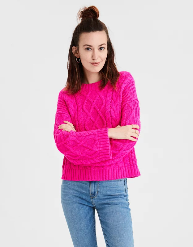 AE Cropped Cable Knit Crew Neck Sweater | American Eagle Outfitters (US & CA)