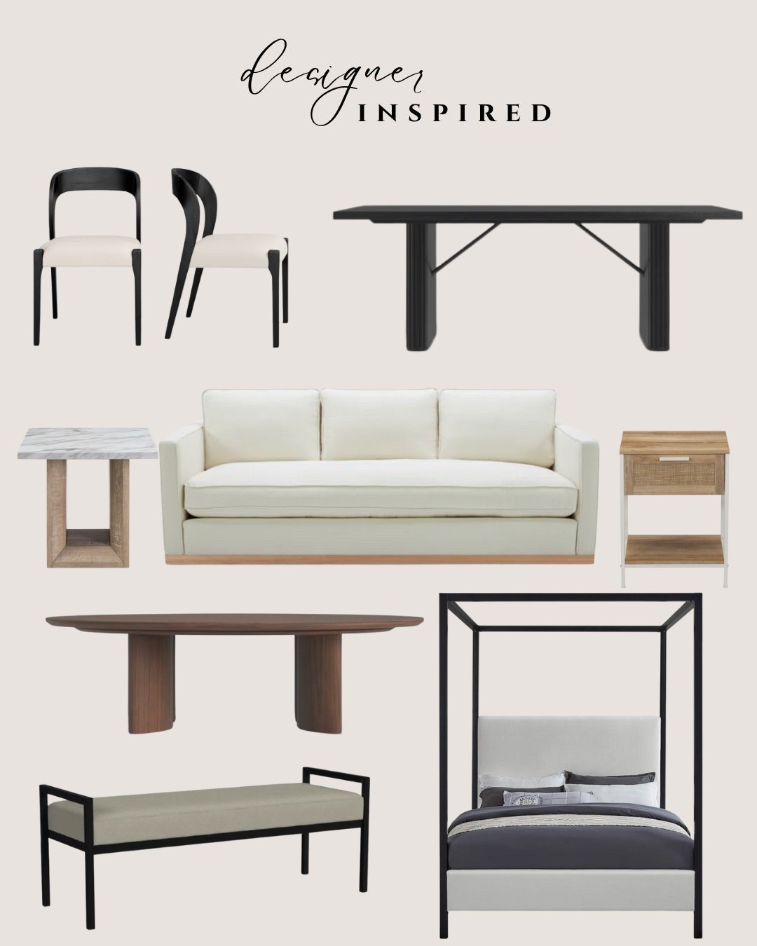 Modern. Home decor. Designer inspired. Look for less. Dining chair. Dining table. Couch. Side table. End table. Coffee table. Bench. Poster bed  

#LTKHome #LTKSeasonal