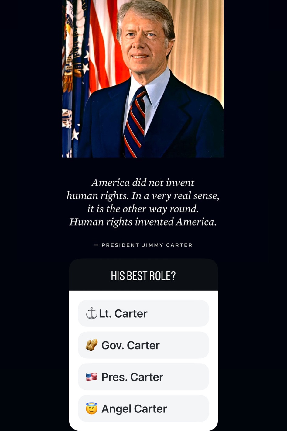 Drop the emoji corresponding emoji below to vote for Jimmy Carter’s best role.  🙏🏼💕🪽

#LTKSeasonal