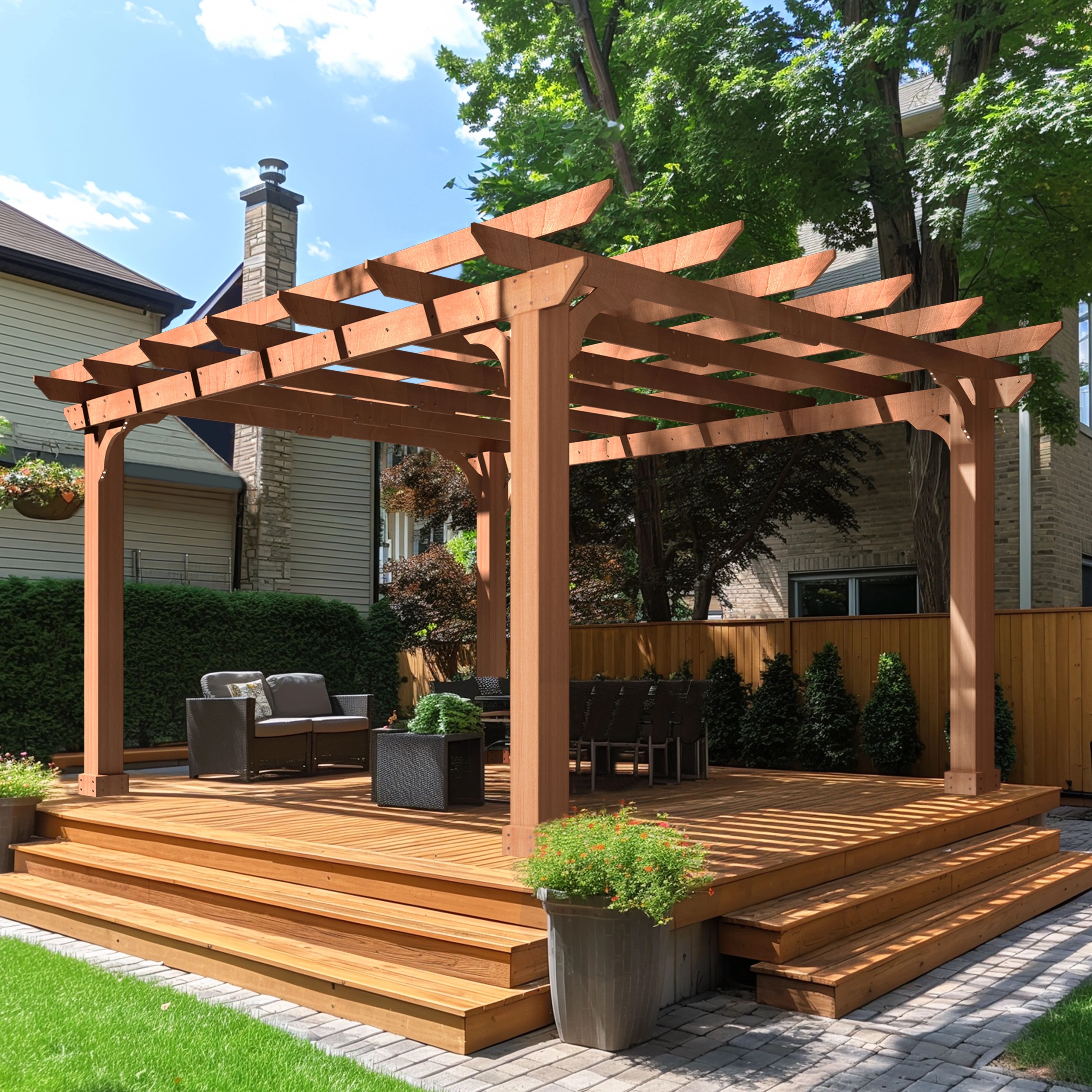 VEIKOUS 10’x12’ Cedar Wood Pergola with Arched Roof and Ground Stakes for Outdoor Patio Garden Deck | Walmart (US)