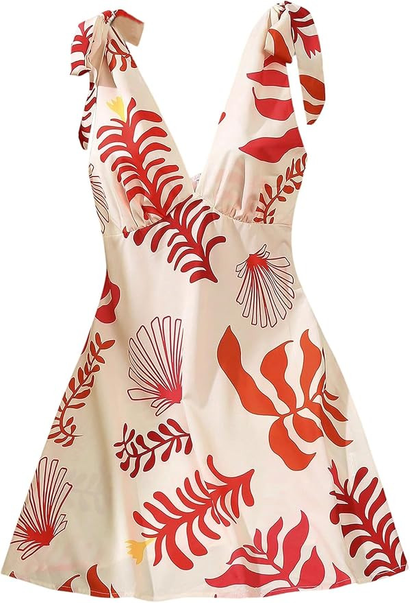 Floerns Women's Tropical Tie Shoulder V Neck Cami Dress Sleeveless Beach Vacation Dresses | Amazon (US)