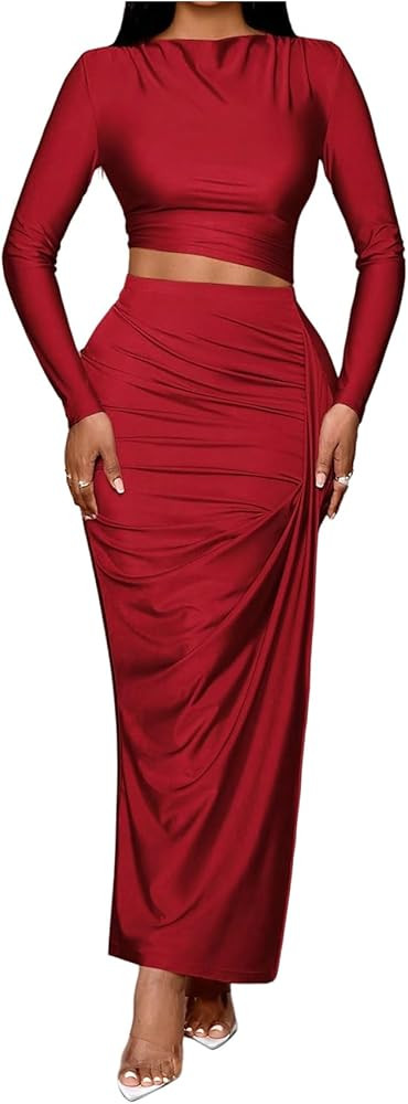 Milumia Women's 2 Piece Outfits Ruched Long Sleeve Crop Top High Slit Bodycon Maxi Skirt Sets | Amazon (US)