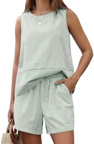 LOMON Women's Trendy 2 Piece Outfits Shorts Sets Summer Crew Neck Sleeveless Tank Top and Bottom ... | Amazon (US)