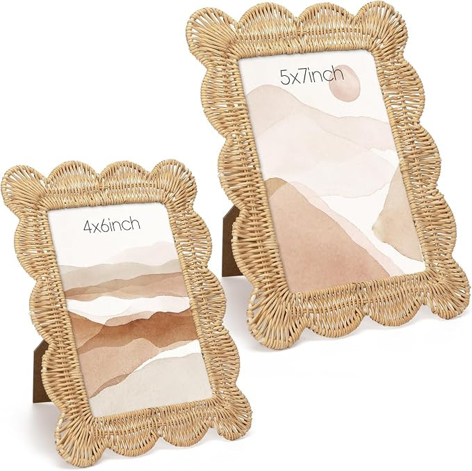 2 Pack Woven Rattan Picture Frame Set, 4x6 & 5x7 Scalloped Picture Frame with Stand, Exquisite Ha... | Amazon (US)