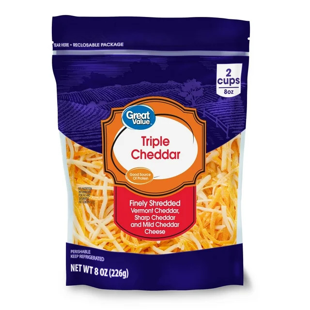 Great Value Triple Cheddar Finely Shredded Cheese, 8 oz Bag | Walmart (US)