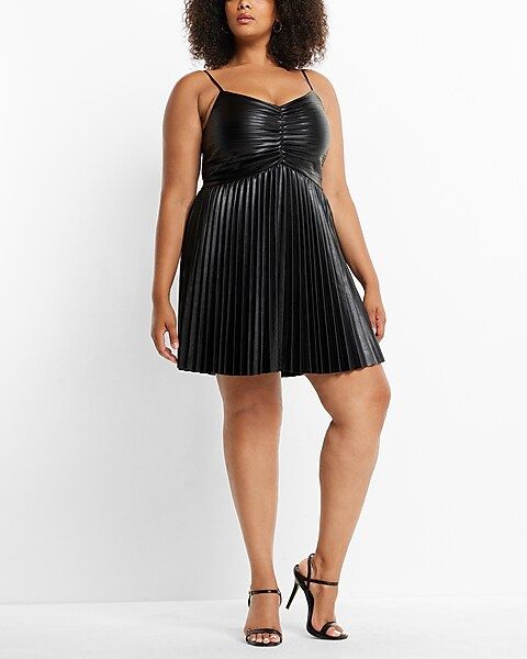 Faux Leather V-Neck Pleated Fit And Flare Mini Dress | Express