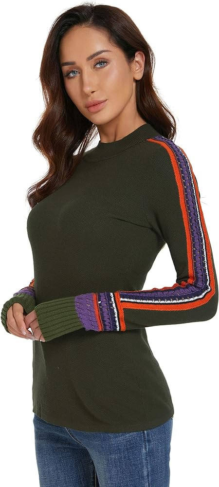 AmélieBoutik Women Mock Neck Fair Isle Trim Long Sleeve Pullover Knit Sweater | Amazon (US)
