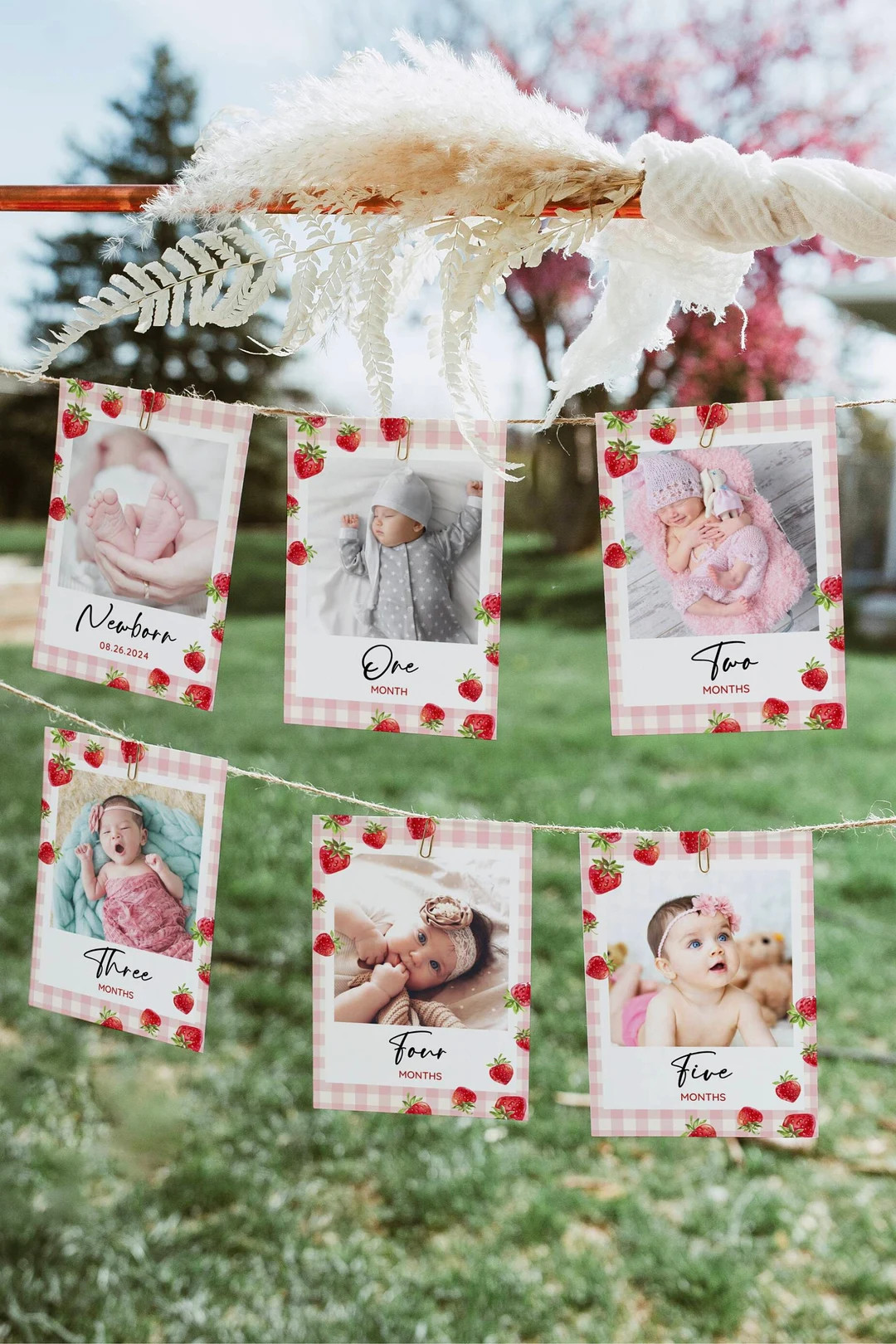 Editable Pink Gingham Strawberry Monthly Milestone Photo Cards, Berry Birthday Banner Birthday De... | Etsy (US)