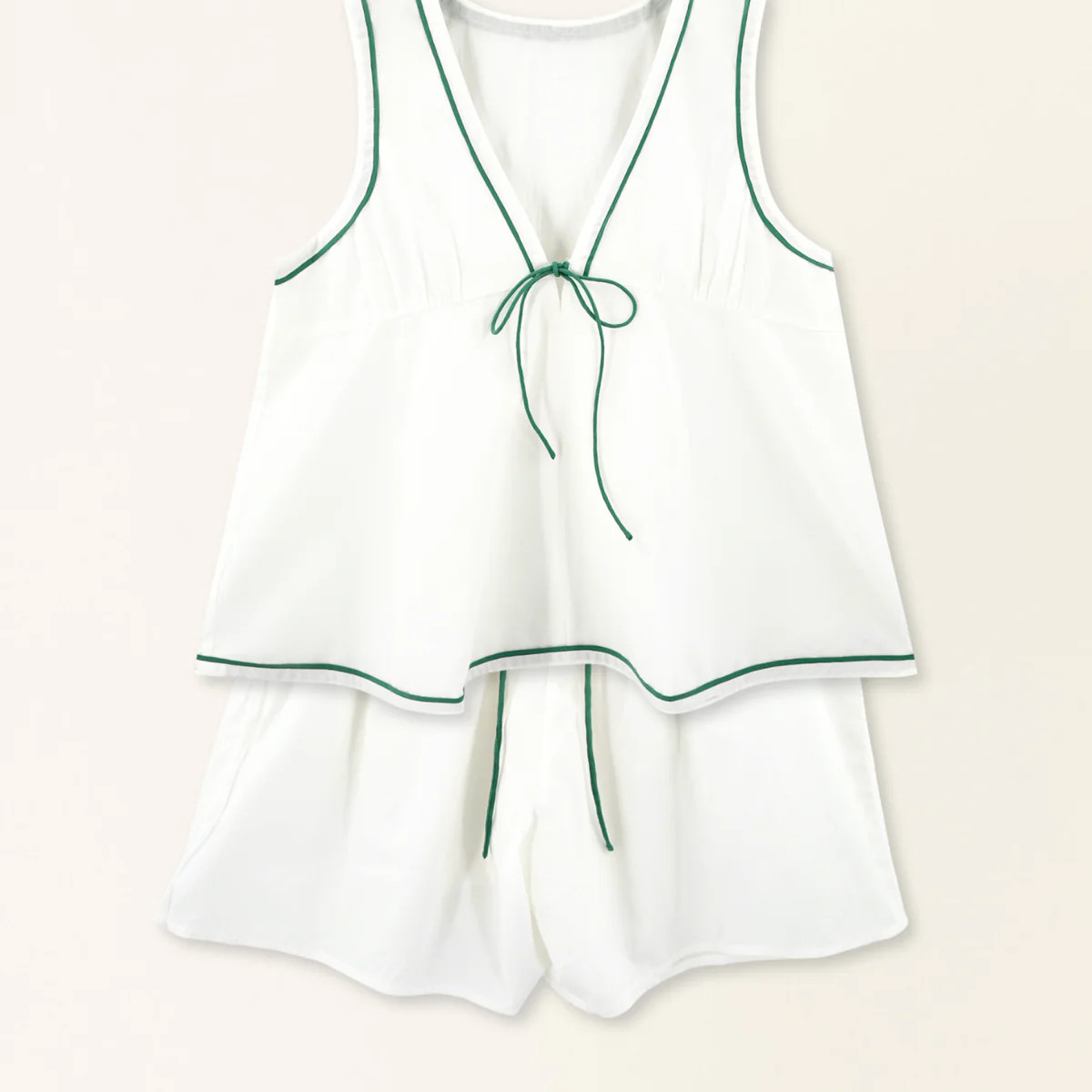 Pajama Tap Short & Camisole Set in White/Green (Ships early December) | MIRTH