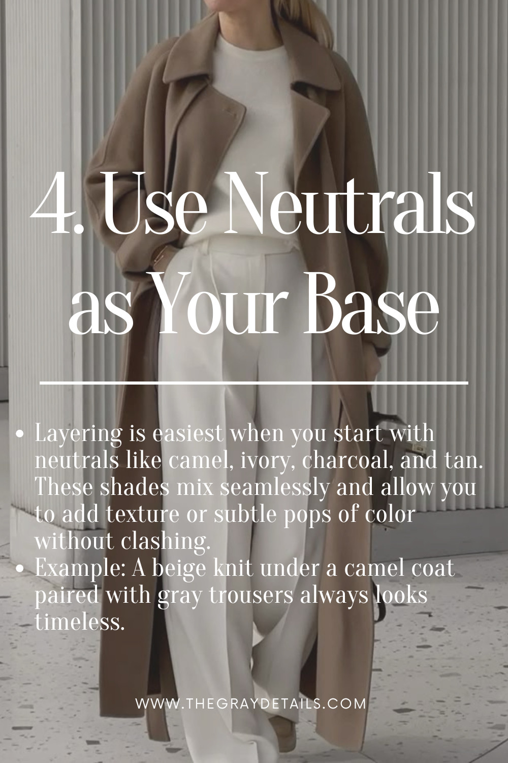 Layering is easiest when you start with neutrals like camel, ivory, charcoal, and tan. These shades mix seamlessly and allow you to add texture or subtle pops of color without clashing. Example: A beige knit under a camel coat paired with gray trousers always looks timeless. 

 #LTKSeasonal #LTKStyleTip #LTKWorkwear