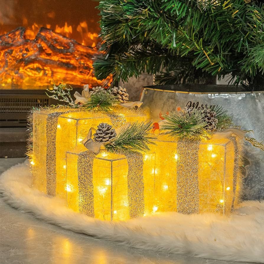 FUNPENY Set of 3 Christmas Lighted Gift Boxes, Plug in 60 LED Light Up Tinsel Present Box Decorat... | Amazon (US)