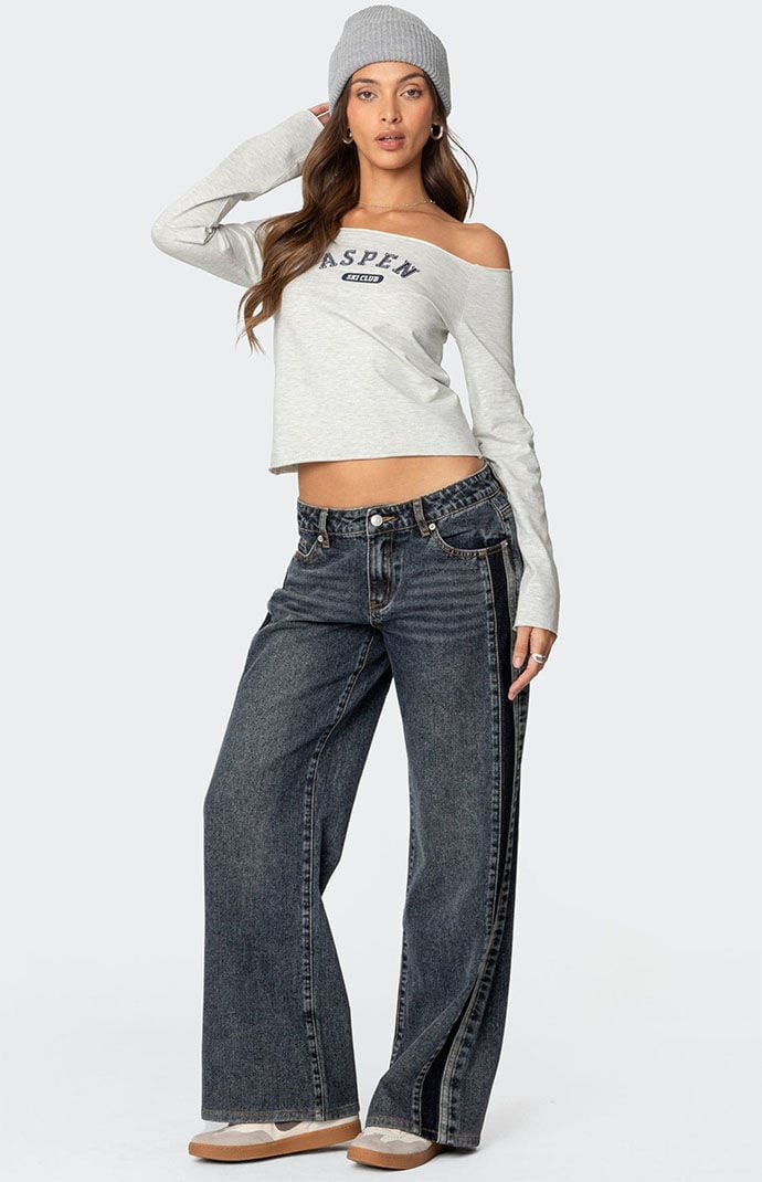 Edikted Women's Contrast Panel Low Rise Jeans in Dark Blue - Size XS | PacSun