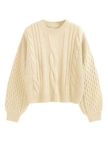 ZAFUL Women's Solid Knit Cable Sweater Casual Long Lantern Sleeve Pullover Crew Neck Knitted Tops Cream | Amazon (US)