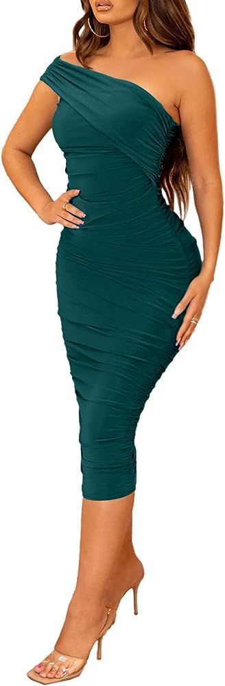 Halfword Sexy One Shoulder Midi Dress for Women Ruched Bodycon Drawstring Night Party Club Cockta... | Amazon (US)