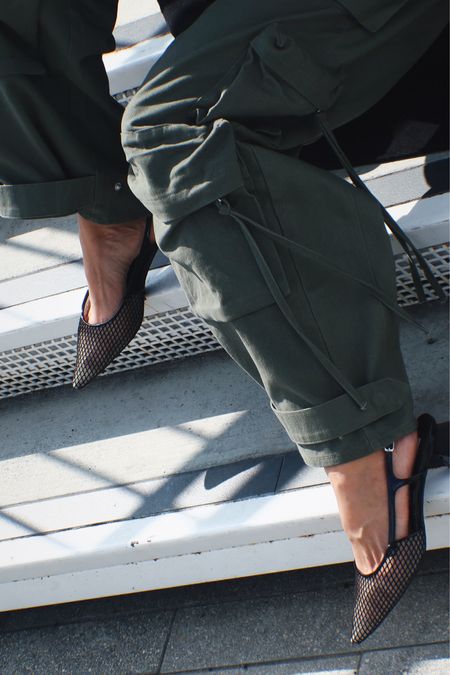 Cargos and kitten heels. Cargos run slightly small consider sizing up one size for a slouchier look. Heels fit tts  