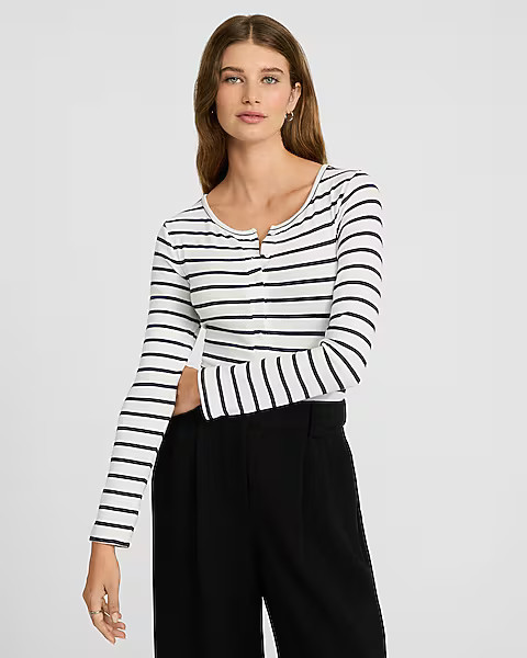 Fitted Ribbed Striped Long Sleeve Henley Tee | Express