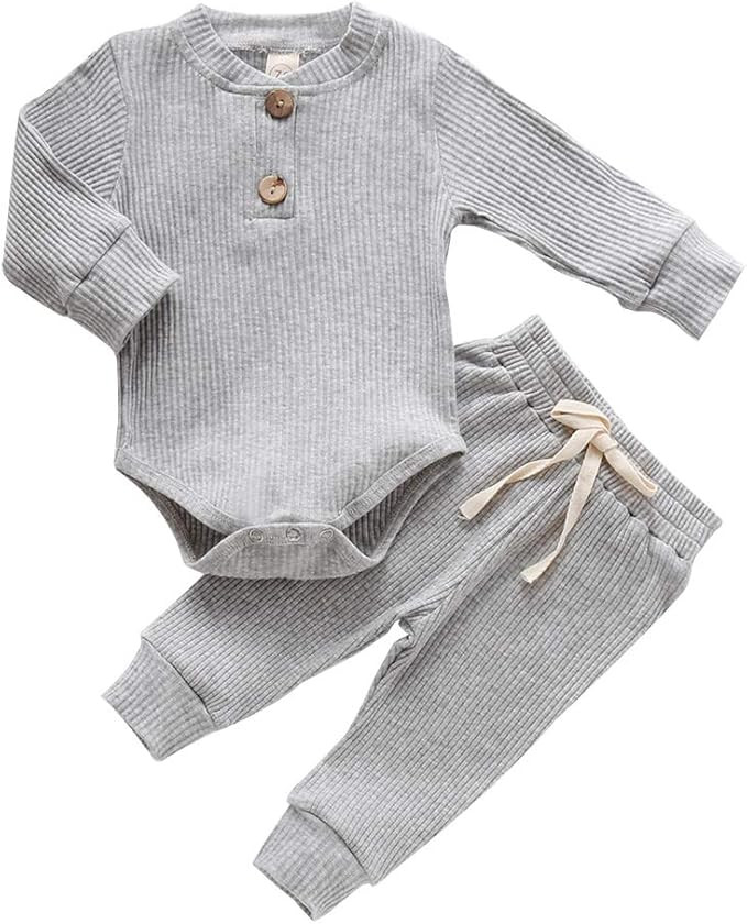 Newborn Baby Boy Girl Clothes Ribbed Knitted Cotton Long Sleeve Romper Long Pants Solid Color Fal... | Amazon (US)