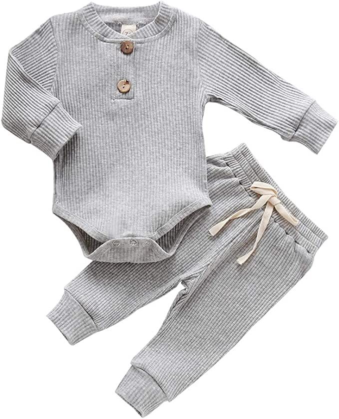 Newborn Baby Boy Girl Clothes Ribbed Knitted Cotton Long Sleeve Romper Long Pants Solid Color Fal... | Amazon (US)