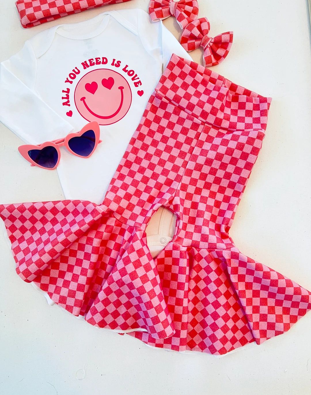 Hot Pink Checkered Bell Bottoms, Bummies, Valentines Baby Clothes, Valentine's Day Bell Bottoms | Etsy (US)
