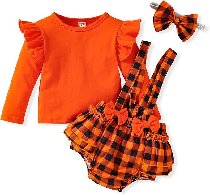 Newborn Baby Girl Halloween Outfits Long Sleeve Ruffle Top Strap Romper with Bow Headband 3Pcs Ch... | Amazon (US)