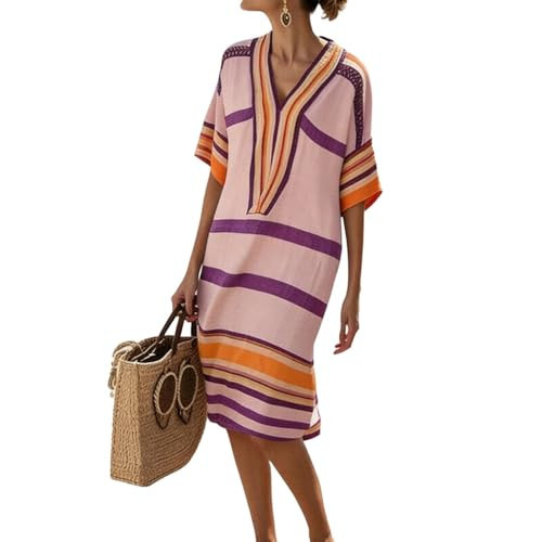 Womens Summer Dresses Casual Half Sleeve Dress V Neck Printed Midi Tshirt Dress Spring Beach Shift Sundress Pink | Amazon (US)