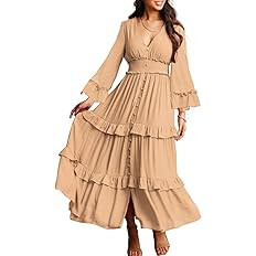 Amegoya Women's V Neck Long Sleeve Boho Maxi Dress 2023 Fall Wedding Guest Long Flowy Engagement ... | Amazon (US)