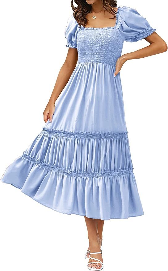 KIRUNDO 2023 Spring Summer Women's Casual Square Neck Smocked Midi Dress Short Puff Sleeve Ruffle... | Amazon (US)