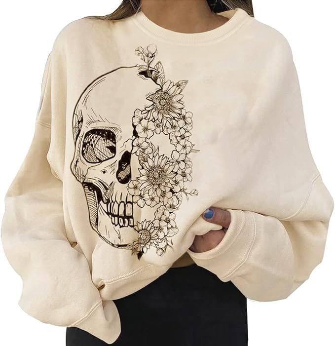 LOFAAC Women Halloween Flower Skull Graphic Print Fleece Oversized Sweatshirt Long Sleeve Crewnec... | Amazon (US)