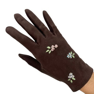 Vtg 50s 60s made in France brown suede floral embroidered beaded short gloves 7 | eBay US