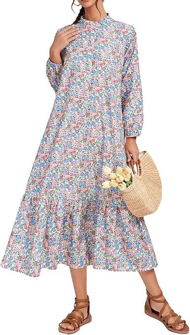 Fall Floral Long Sleeve Maxi Dress for Women Crew Neck Button Down Loose Flowy Boho Dresses 2025 | Amazon (US)