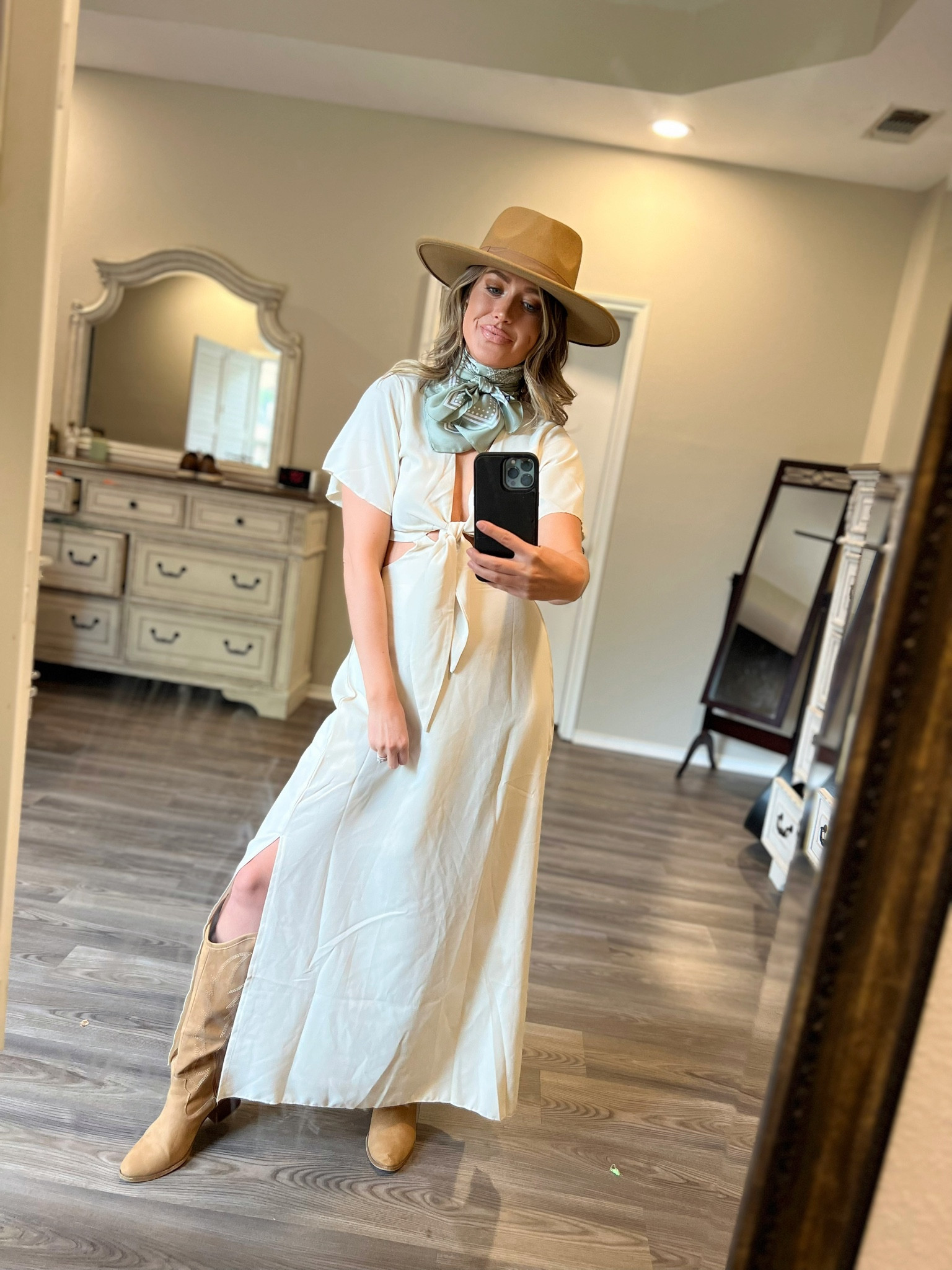 Boho western dress, boho wester style, western dress, vacation dress, vacation style, wedding guest dress, front tie dress, maxi dress, off white dress, wild rags, western boots, western boots outfit 

#LTKFind #LTKitbag #LTKSeasonal