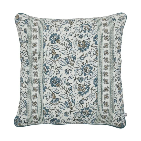 Better Homes & Gardens 20" x 20" Blue Block Print Floral Reversible Cotton Decorative Pillow | Walmart (US)