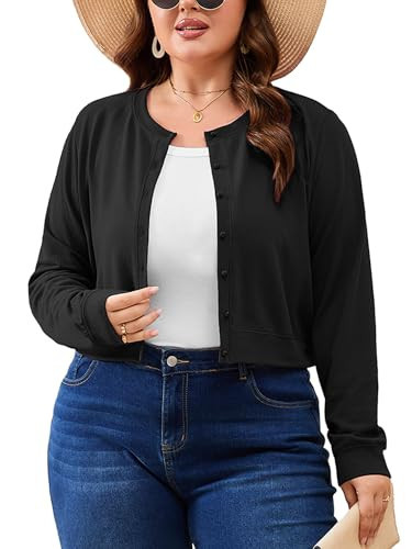 AusLook Plus Size Cropped Black Cardigan for Women Lightweight Button Front Knit Sweater Crew Neck Long Sleeve Short 2X Cardigan Casual Layering Cardigan for Dresses Summer Outfit | Amazon (US)