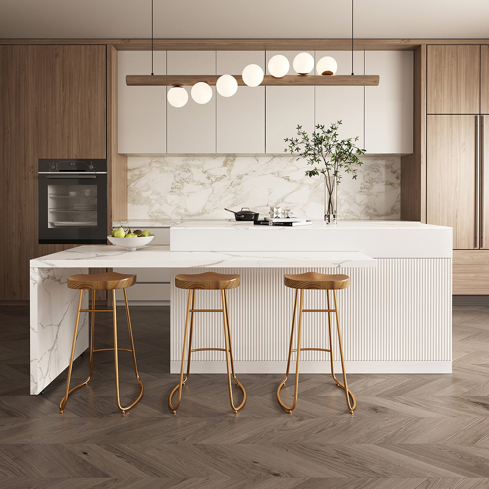 81"-106" Kitchen Islands Extendable Marble Pattern Top White Modern with Doors & Drawers | Homary