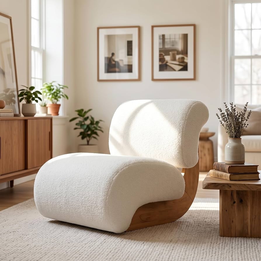Merax 28" Modern Curved Boucle Accent Chair with Solid Wood Base, Mid-Century Armless Upholstered... | Amazon (US)