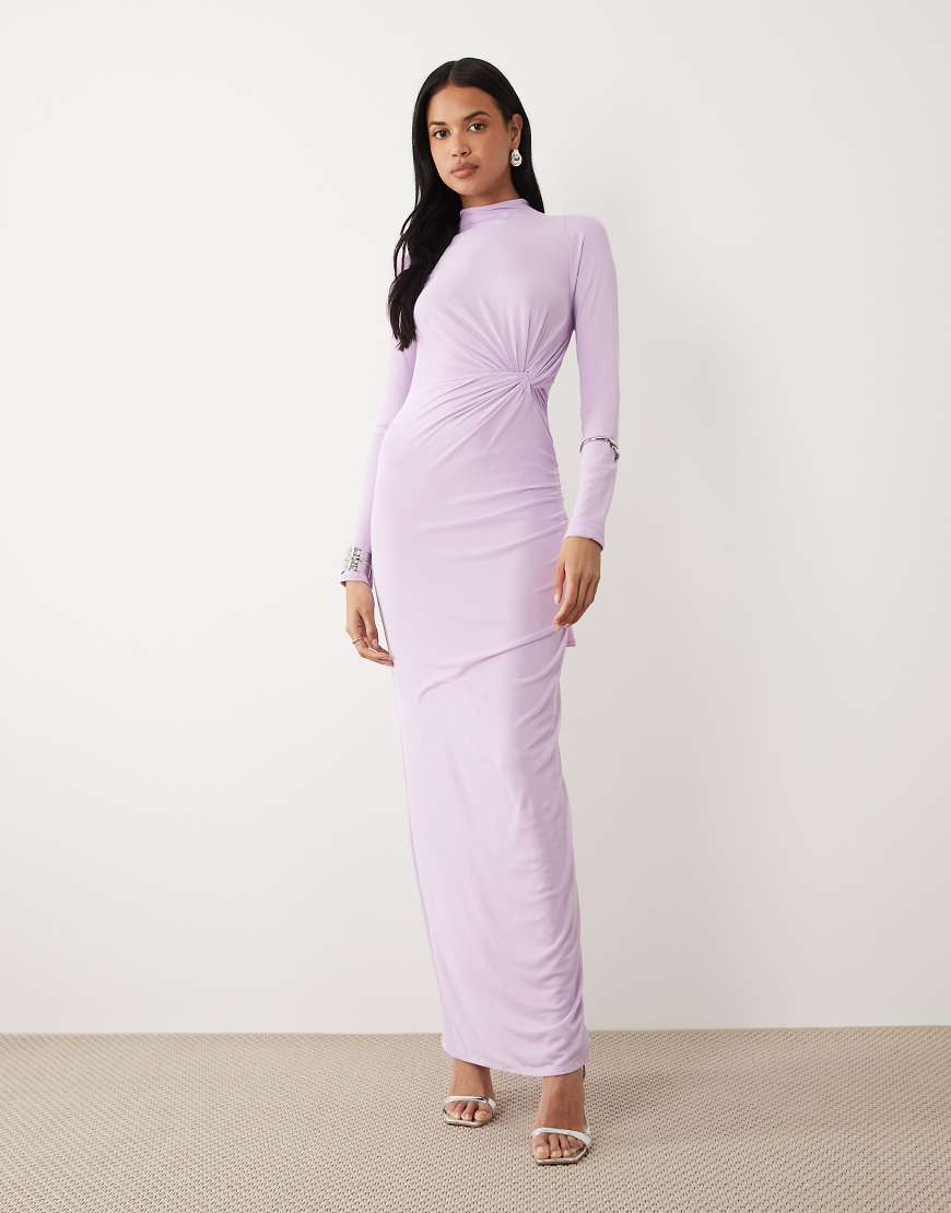 ASOS DESIGN – Langärmliges Netzstoff-Maxikleid in Flieder mit verdrehter Brustpartie und Neckholder-Lila | ASOS (Global)