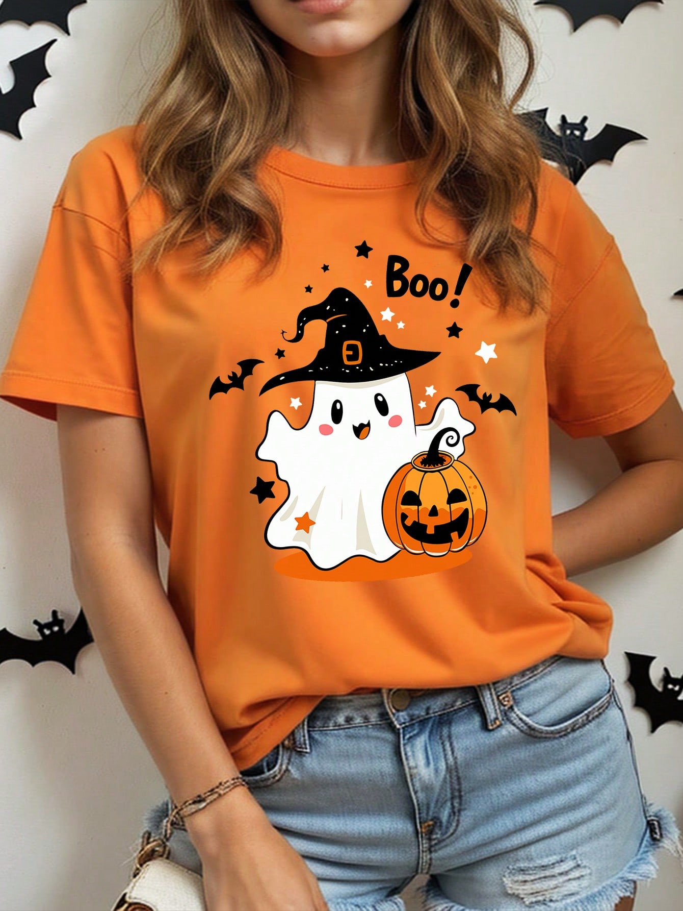 SHEIN Essnce Casual Simple Ghost Boo Pumpkin Print Crew Neck Short Sleeve Slim Fit Women T-Shirt,... | SHEIN