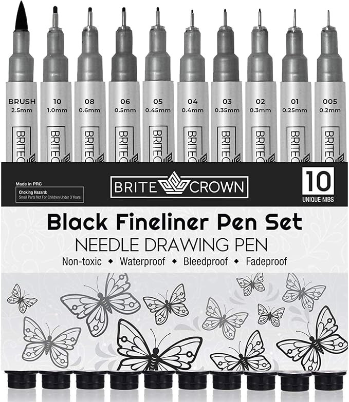 Drawing And Sketching Pens Set - 10 Black Fineliner Pens 0.2mm To 1.0mm Width Tips & 2.5mm Micro ... | Amazon (US)
