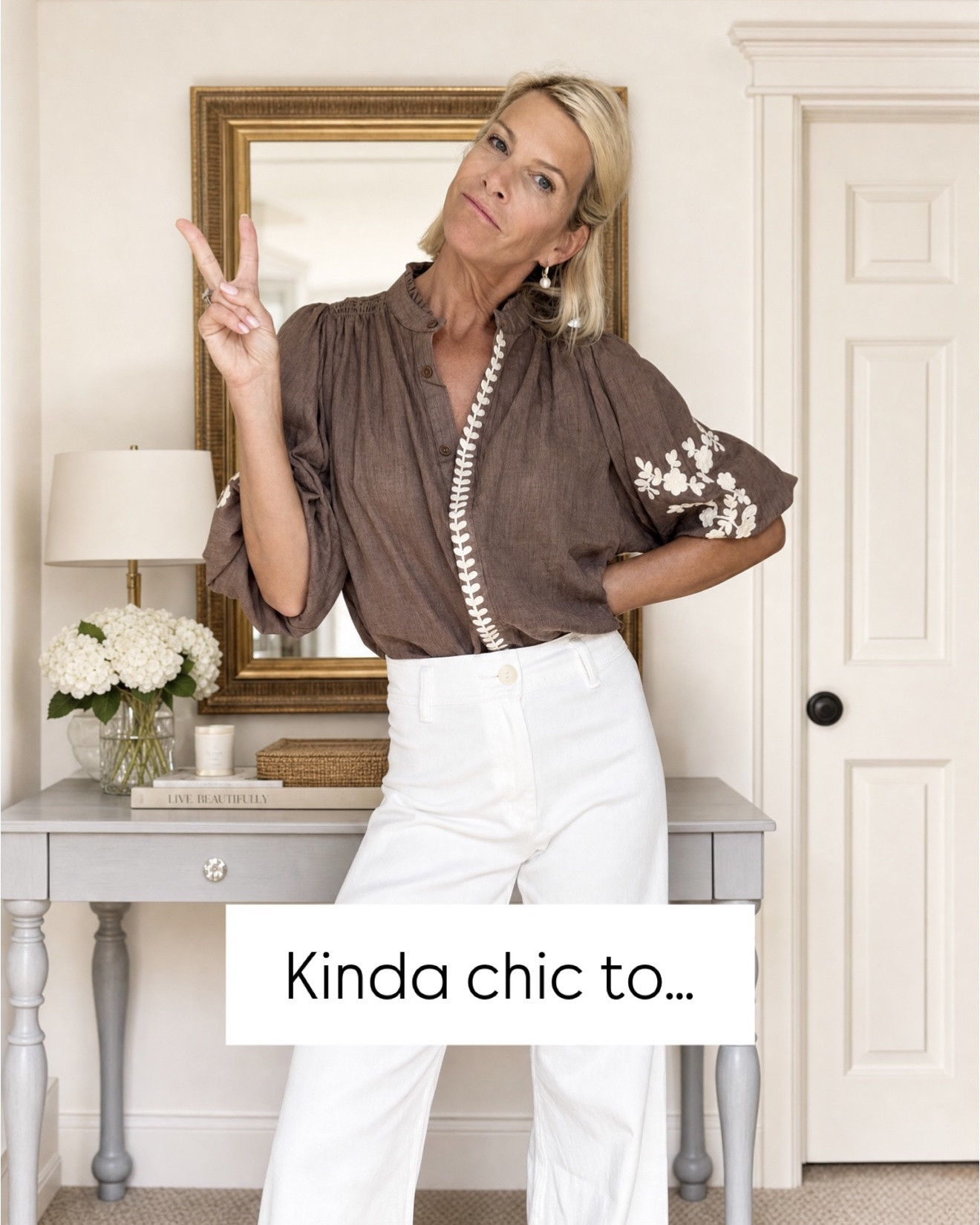 I love how this brand brings back best sellers in new colors. This brown top comes in blue, white and green. I have the blue, and the others are on pre-order.:-( With Benaar, you have to grab what you love quickly, because it sells out everytime. 

Denim tends to run a bit big. I wear a 25, but size down to 24. The tops are often oversized as well, but that’s by design. If you want them to be a little less flowy, size down on those as well. I’m wearing an XS in all tops.

*The black and white pants are actually generation love from SAKS.

#LTKootd #LTKOver40 #LTKWorkwear