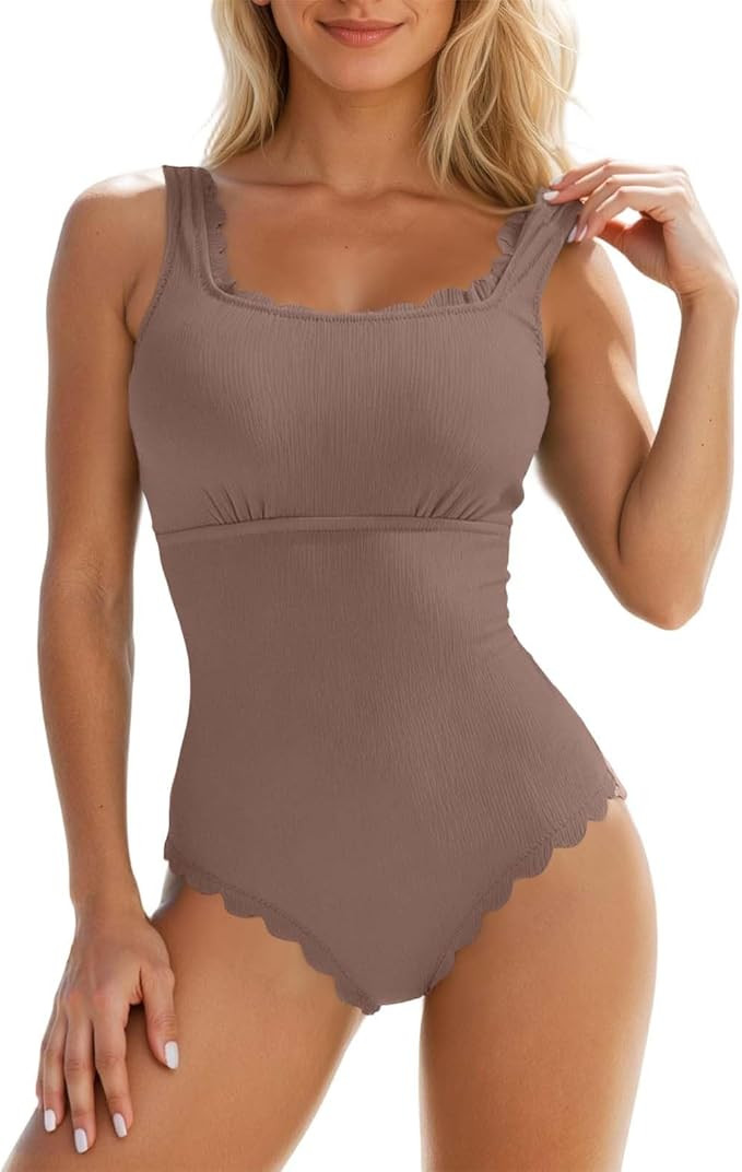 Women's One Piece Ribbed Swimsuit Square Neck Adjustable Straps Back Cutout Padded Bathing Suit f... | Amazon (US)