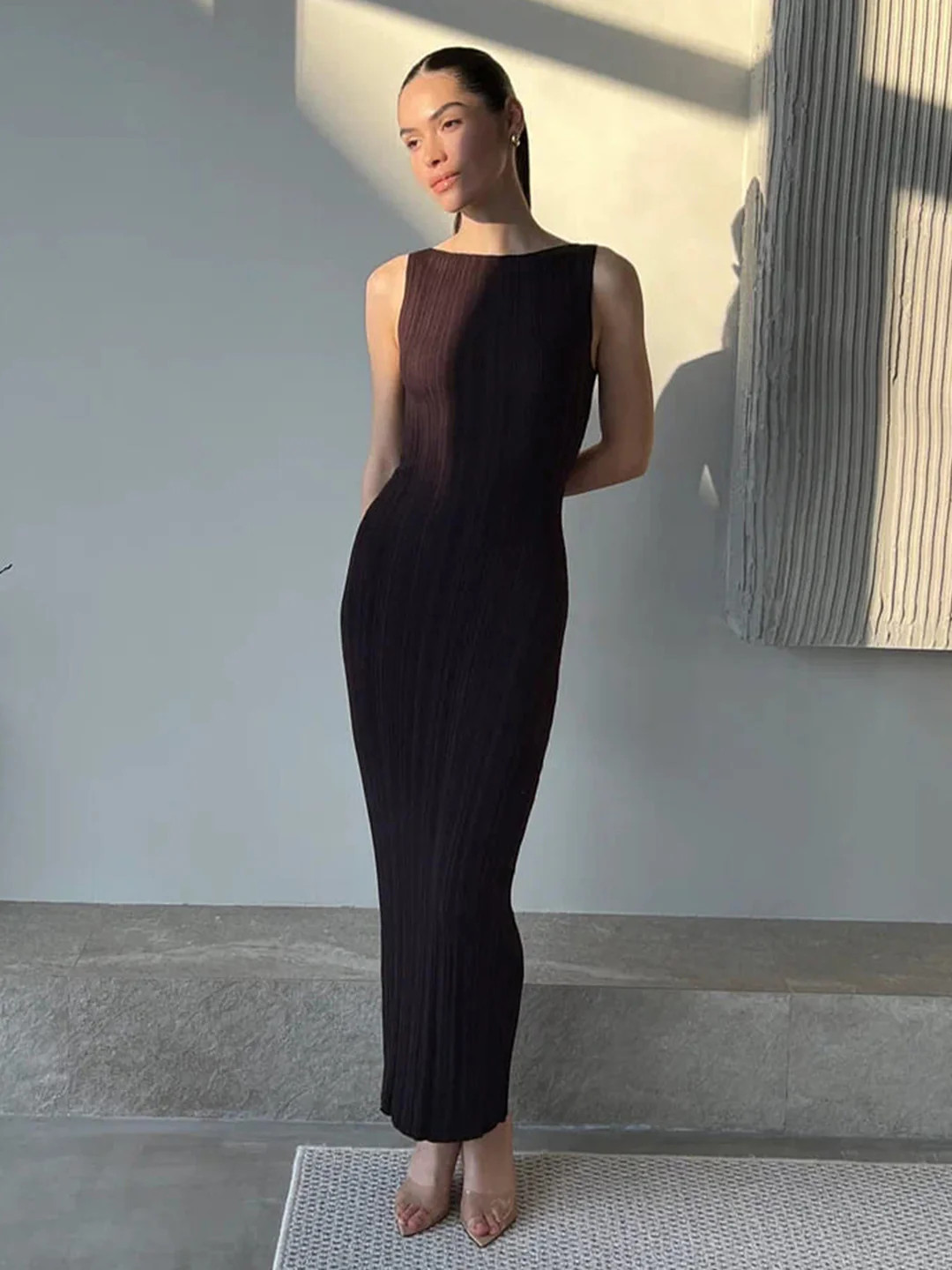 Ribbed Sleeveless Knit Long Dress | Commense