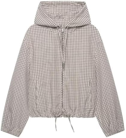 Women's Gingham Hooded Zip‑Up Cropped Jacket Drawstring Hem Fall Outerwear | Amazon (US)