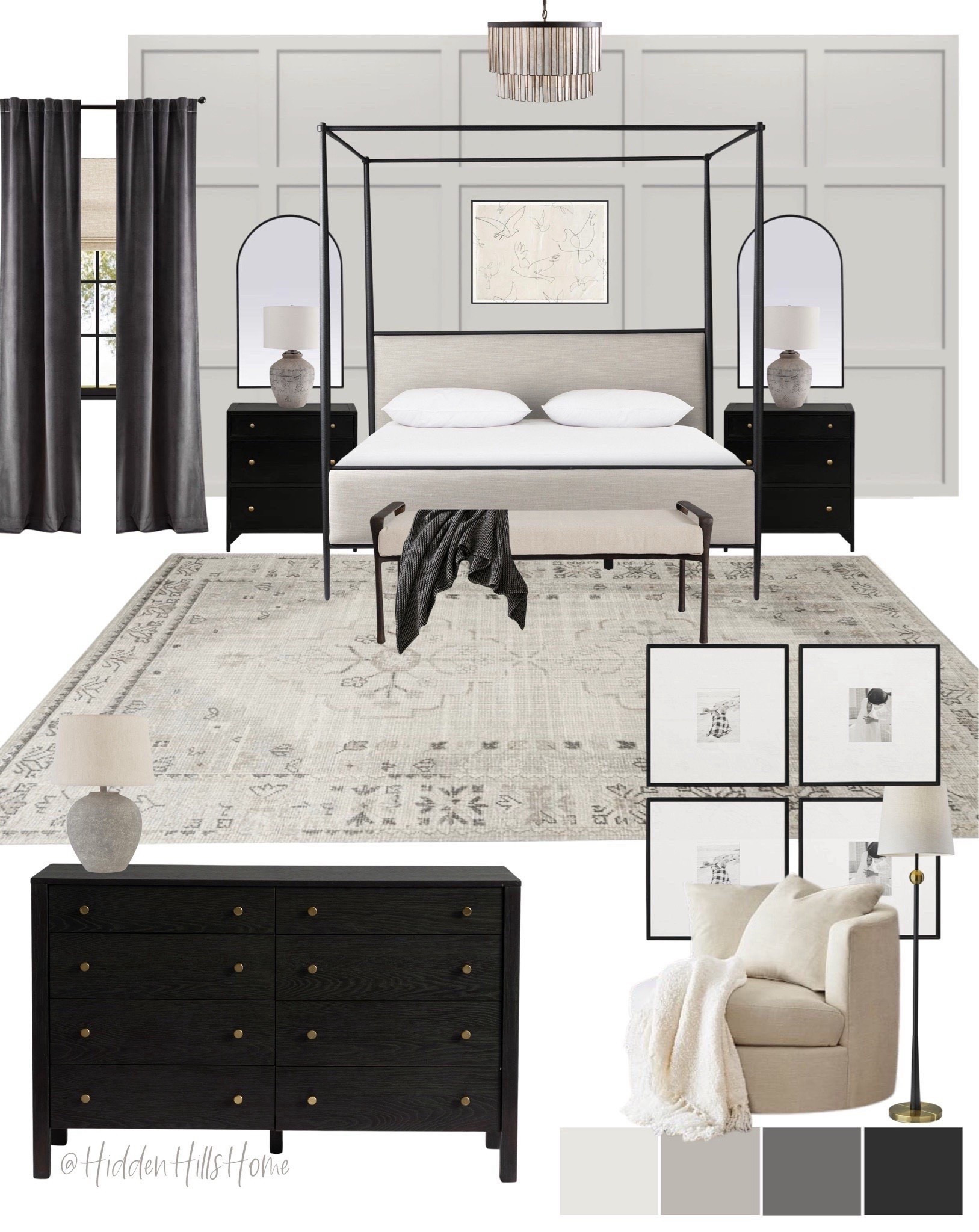 Modern classic master bedroom, canopy bed, bedroom rug, black nightstands, bedroom chair #bedroom #canopy


#LTKSeasonal #LTKSaleAlert #LTKHome