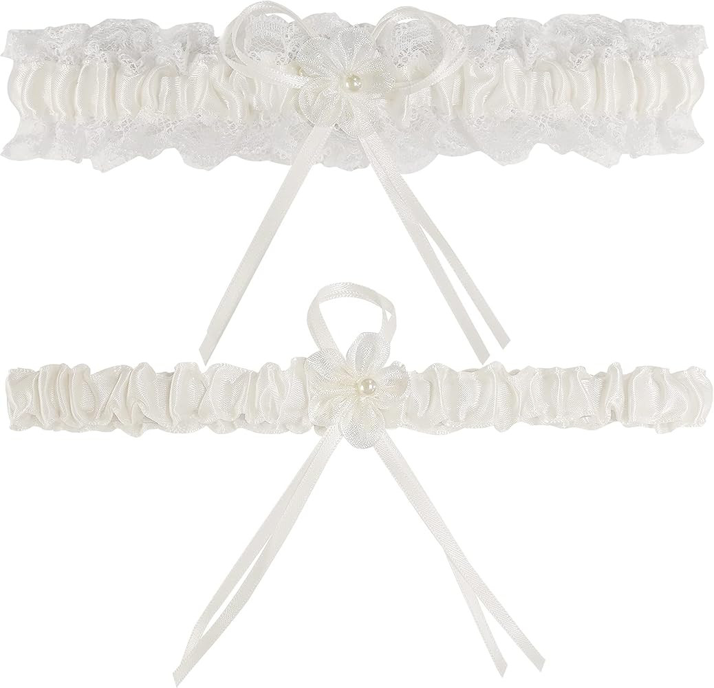 RIMOBUL 2 Pieces Wedding Garters Lace Bridal Garter Faux Pearls Garter for Bride with Toss Away | Amazon (US)
