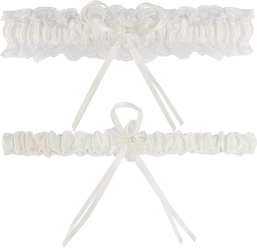 Rimobul 2 Pieces Wedding Garters Lace Bridal Garter Faux Pearls Garter for Bride with Toss Away | Amazon (US)