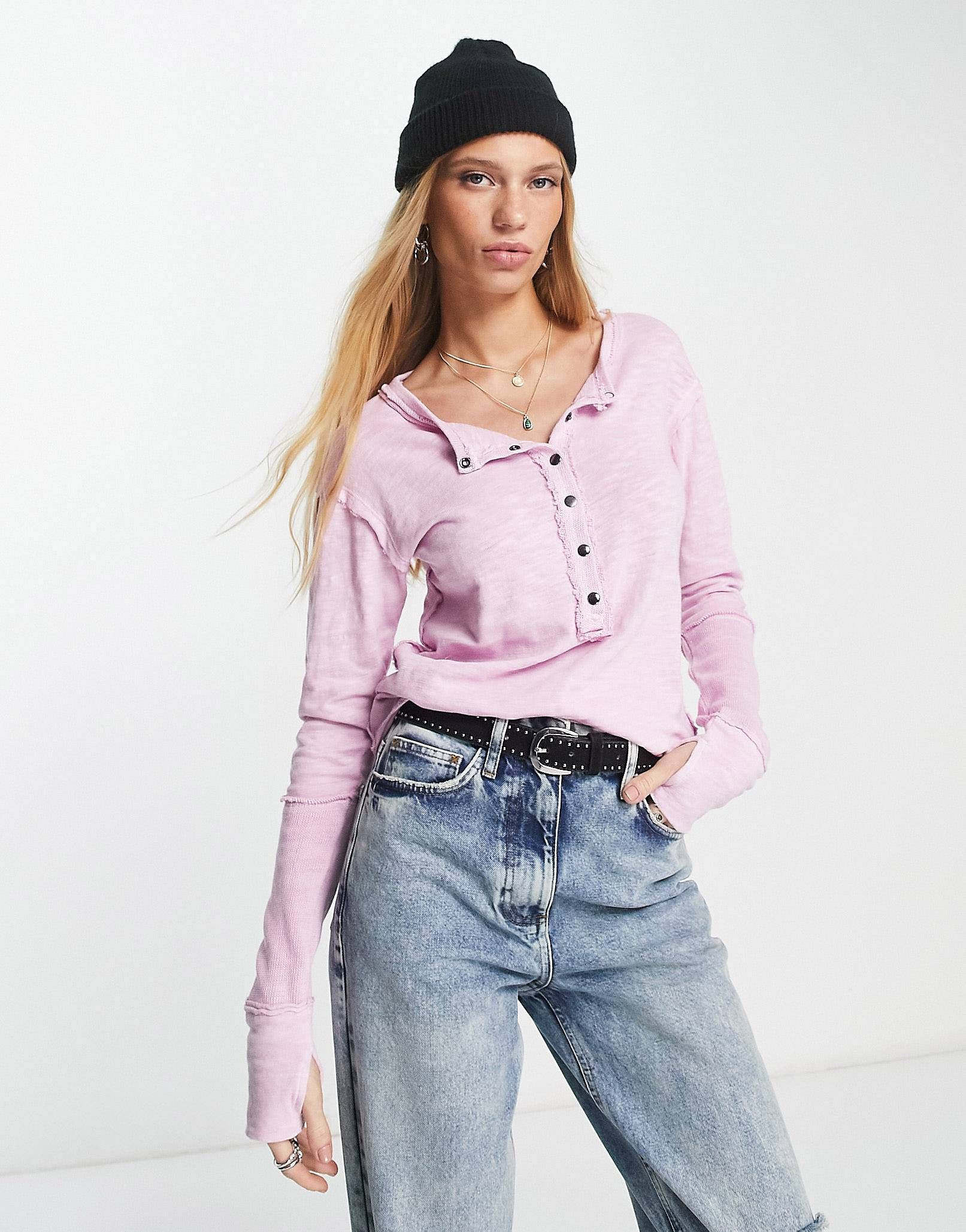 Free People Phoebe jersey henley top in pink | ASOS (Global)