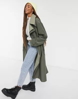 ASOS DESIGN double layered trench coat in green | ASOS (Global)