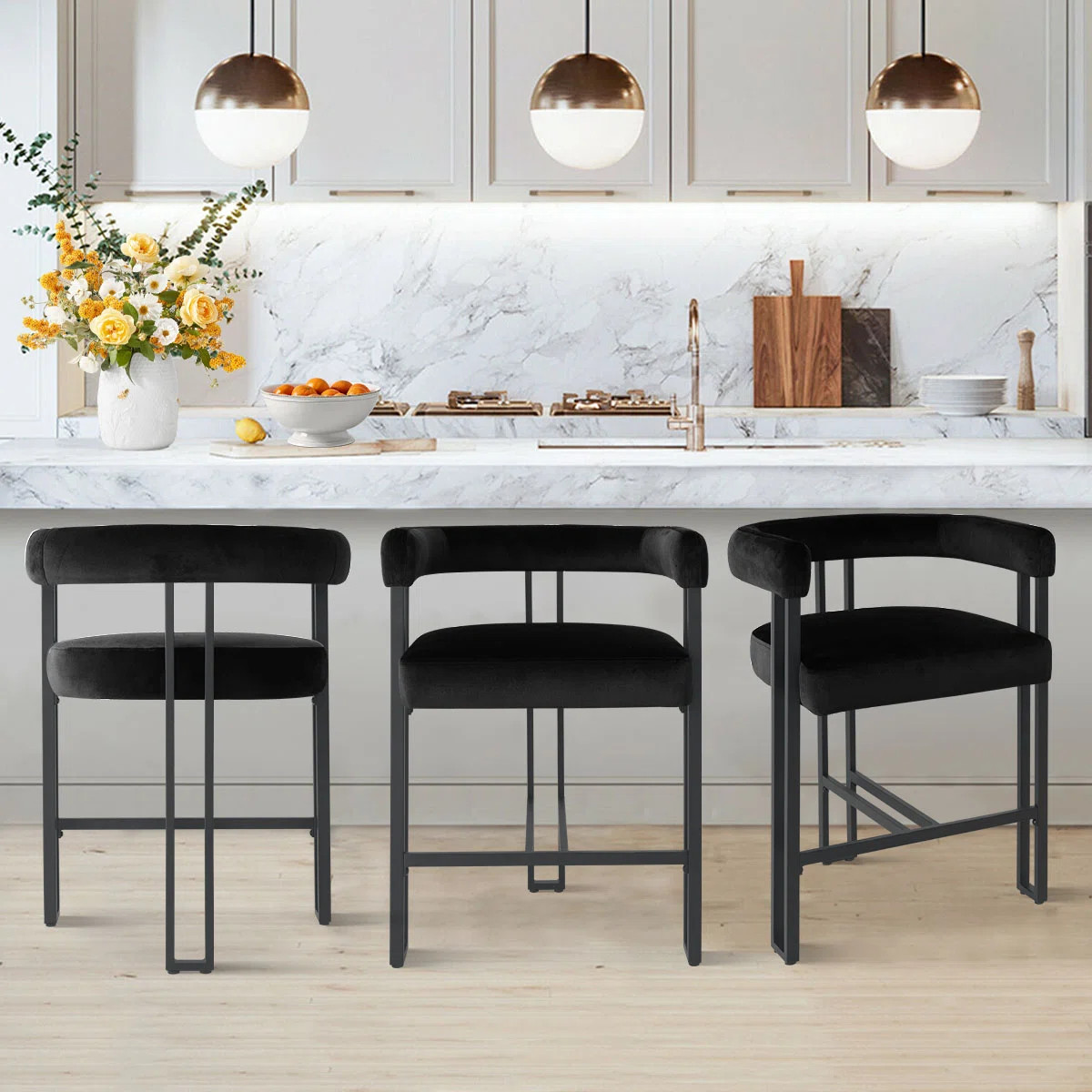 Rienna Set of 3 Mdern 24" Upholstered Velvet Solid back Counter Stool | Wayfair North America
