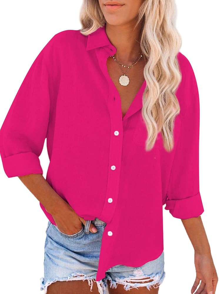 Paintcolors Women's Button Down Shirts Cotton Long Sleeve Blouses V Neck Casual Tunics Solid Colo... | Amazon (US)