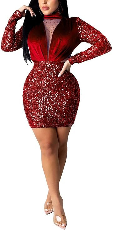 Aro Lora Womens Sexy Sequin Sheer Mesh See Through Long Sleeve Bodycon Midi Club Dress | Amazon (US)